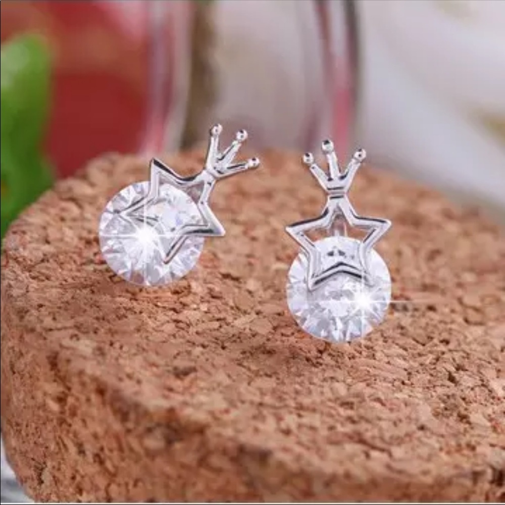 S Silver 925 Cubic Zircon Crown Stud Earrings